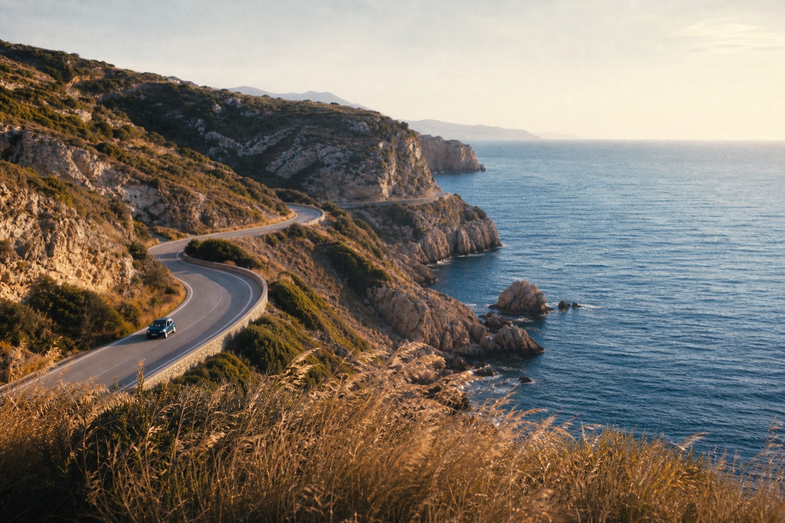 A small car following a winding road above the Mediterranean coast