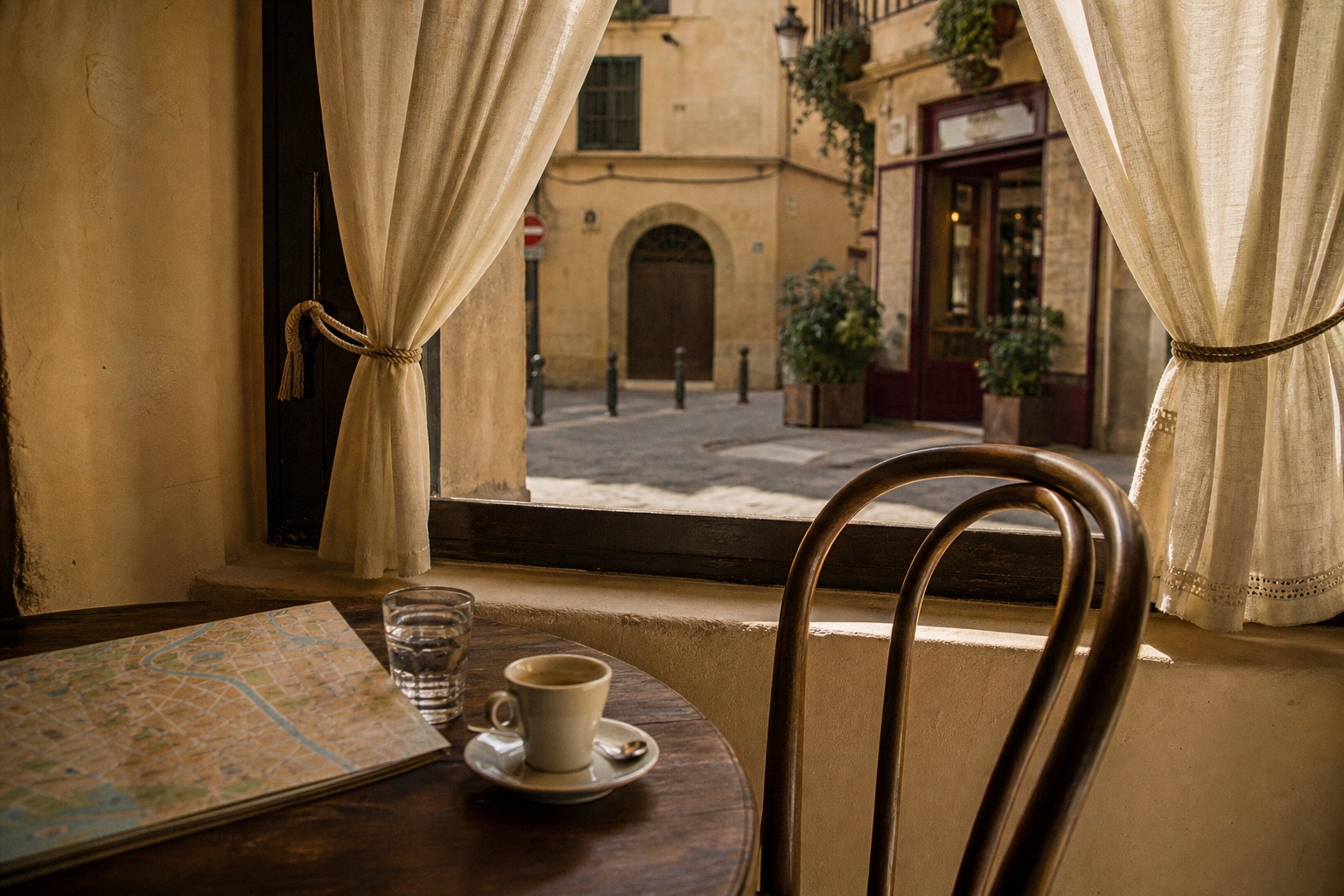 Espresso and a folded map on a table beside a sunny café window