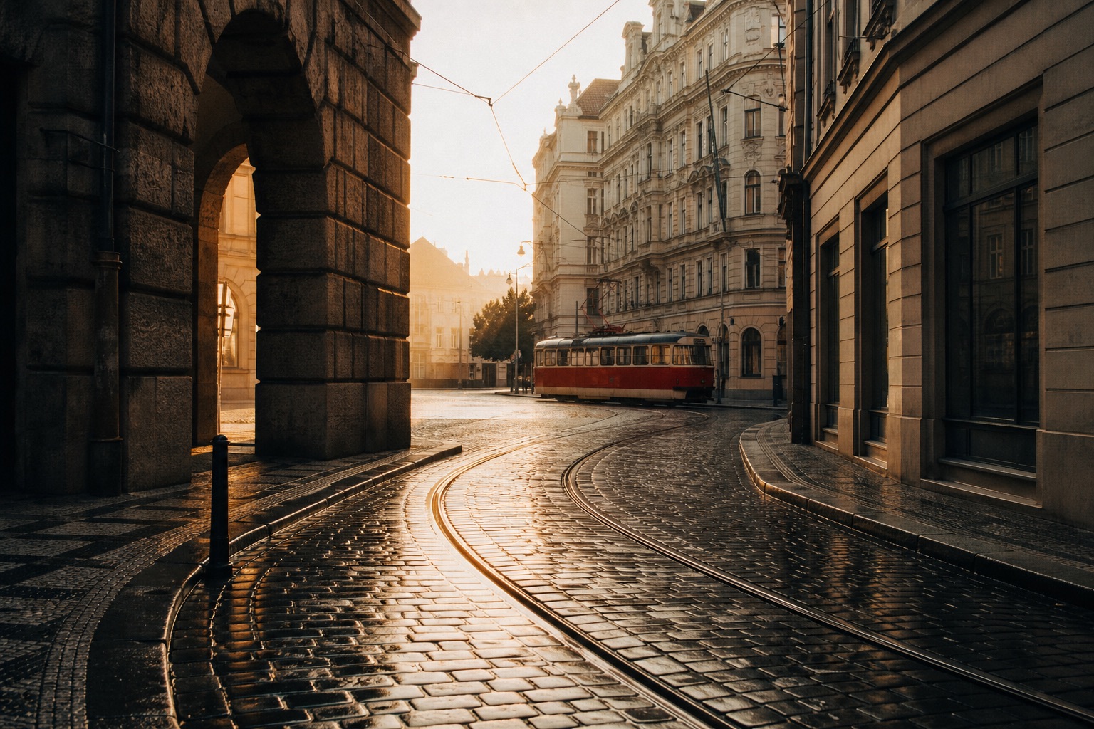 A red tram turning onto a sunlit cobblestone street in Prague